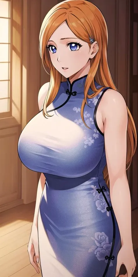 <lora:OrihimeInoueV1:0.7> orihimeinoue, huge_breasts, standing, solo, china_dress, masterpiece, best quality, detailed face, detailed eyes, highres,