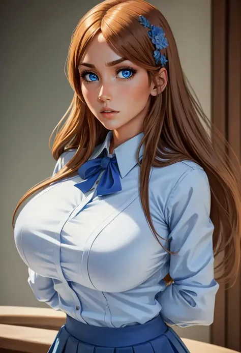 1girl, solo, (cowboy shot, half body shot), (frontal view:1.3, looking at viewer:1)<lora:OrihimeInoueV1:0.4> orihimeinoue, blue eyes, (huge breasts:1.3, <lora:FakebreastsV4Del:0.3> fakebreasts), best quality, hyper-detailed, intricate, detailed eyes:1.3, extremely detailed, masterpiece, RAW, extremely detailed face:1.3 , wearing school uniform,