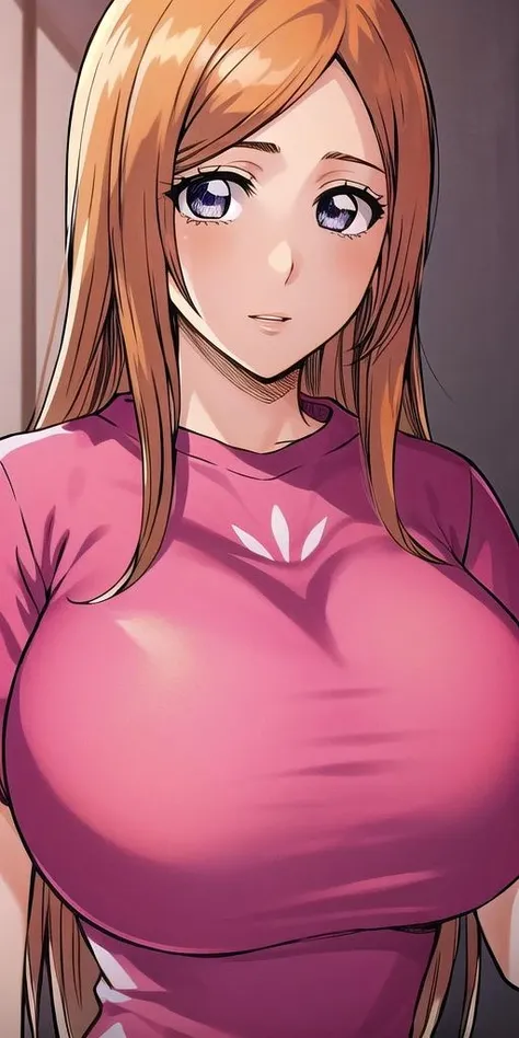 <lora:OrihimeInoueV1:0.7> orihimeinoue, huge_breasts, standing, solo, Orihime_Pink_shirt, masterpiece, best quality, detailed face, detailed eyes, highres,