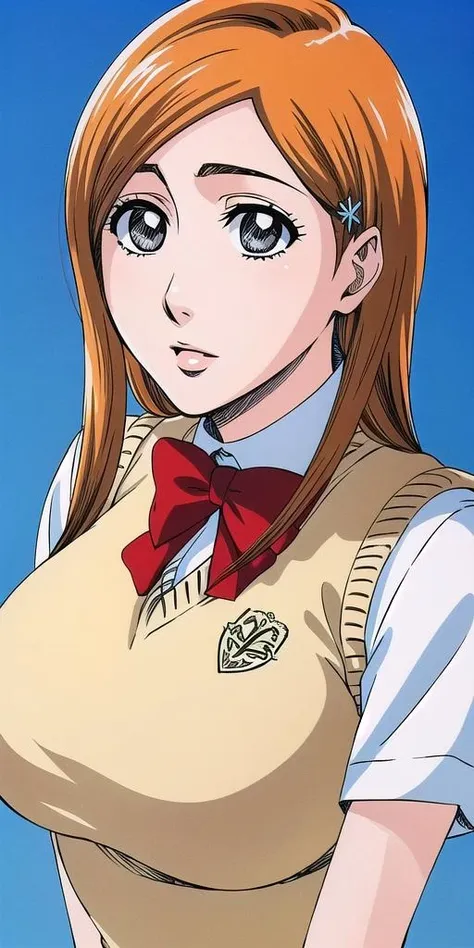 <lora:OrihimeInoueV1:0.7> orihimeinoue, huge_breasts, standing, solo, School_uniform_White_shirt_Red_bowtie_Grey_miniskirt_Yellow_sweater_vest, masterpiece, best quality, detailed face, detailed eyes, highres,