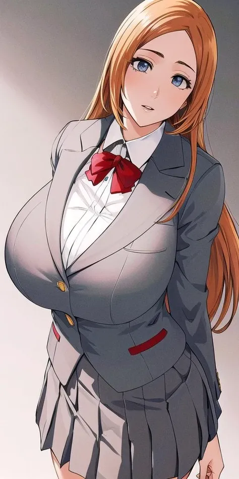 <lora:OrihimeInoueV1:0.7> orihimeinoue, huge_breasts, standing, solo, School_uniform_White_shirt_Red_bowtie_Grey_miniskirt_Grey_blazer, masterpiece, best quality, detailed face, detailed eyes, highres,