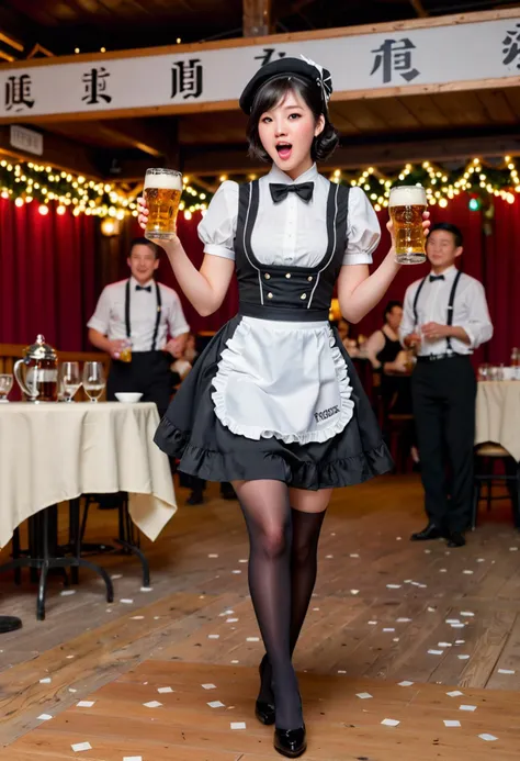 (medium full shot) of  (lovely young woman:1.1) waitress, korean with black hime cut hair, dark brown eyes, pale skin, curvy,             wearing Stylish black dress with a ruffled neckline, black stockings, black heels, classic white waiter cap, wearing a name tag, surprised, open mouth, running toward the viewer,  .set in  Bavarian Bandstand, Energetic stage area adorned with banners featuring traditional motifs, a lively oompah band playing upbeat tunes, couples dancing the polka in traditional attire, beer steins raised in cheerful toasts, the occasional burst of confetti adding to the festive spirit , Masterpiece,best quality, photorealistic, amazing quality, very aesthetic, extremely detailed face,