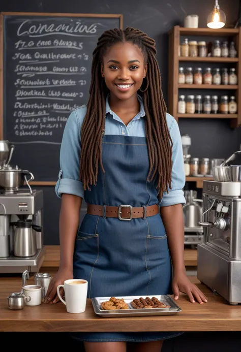 (medium full shot) of (attractive waitress) young woman, south african, dark eyes, dark skin, dark skin, brown eyes, full-figured build, extra long dark dreadlocks hair, wearing Casual denim dress with a belt, sheer stockings, brown ankle boots, trendy hair barrette, carrying a tray of drinks and food, set in  Barista Station, Bustling area with stainless steel countertops, espresso machines humming, shelves stocked with various coffee beans and syrups, a chalkboard displaying drink orders, steaming milk frothers , surprised, open mouth, running toward the viewer, Masterpiece,best quality, photorealistic, amazing quality, very aesthetic, extremely detailed face,