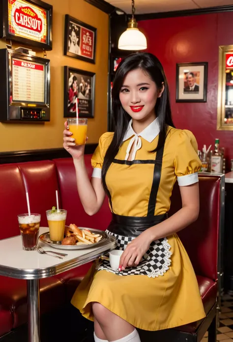 (medium full shot) of  (sexy young woman:1.1) waitress, chinese with straight black hair, dark eyes, fair skin, petite,             wearing Vintage-inspired uniform with a mustard yellow dress, white apron, knee-high stockings, black heels, trendy hair barrette, carrying a tray of drinks and food, smiling at the viewer, making an ok sign with her hand,  .set in  Booth Section, Intimate area with dim lighting, red leather booths lining the walls, classic jukebox in the corner, checkered tablecloths, framed black-and-white photos of old-time celebrities , Masterpiece,best quality, photorealistic, amazing quality, very aesthetic, extremely detailed face,