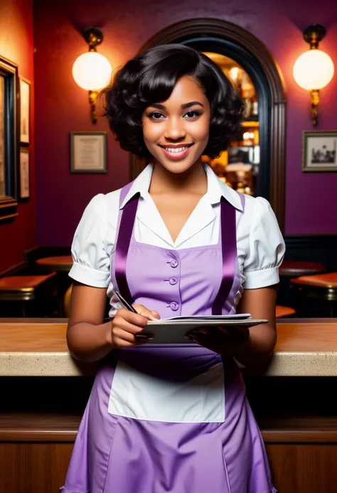 (medium full shot) of (gorgeous young woman:1.1) waitress, black american with fringe hair, dark eyes, dark skin, curvy,             wearing Vintage-inspired uniform with a lavender dress, white apron, knee-high stockings, black heels, elegant hair comb, holding a pen and order pad, smiling at the viewer, making an ok sign with her hand,  .set in  Speakeasy Bar, Hidden room accessed through a secret entrance, vintage decor including leather banquettes, exposed brick walls, a mahogany bar with brass accents, a gramophone playing old-timey tunes, a mysterious atmosphere , ,Masterpiece,best quality, photorealistic, amazing quality, very aesthetic, extremely detailed face,