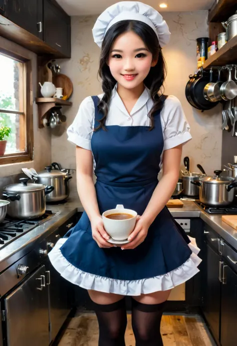 (abstract expressionist painting) of a  young waitress, japanese with black hair styled in twin-tails, dark brown eyes, pale skin, petite,             wearing Formal navy blue dress with a draped neckline, sheer stockings, black heels, classic white waiter cap, carrying a coffee pitcher, laughing, squatting,  .set in  Kitchen, Bustling environment with stainless steel countertops, industrial-grade cooking equipment, pots and pans hanging from a rack, bustling chefs in white aprons, the aroma of spices filling the air , award winning, very aesthetic, extremely detailed face,