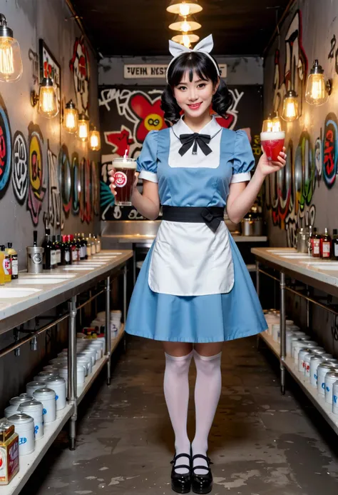 (medium full shot) of  (supermodel young woman:1.1) waitress, japanese with black hair styled in twin-tails, dark brown eyes, pale skin, petite,             wearing Vintage-inspired uniform with a powder blue dress, white apron, knee-high stockings, black heels, retro-style headband with a bow, carrying a tray of drinks and food, smiling at the viewer, making a victory sign with her hands,  .set in  public Toilet, Industrial chic, exposed pipes, concrete floors, stainless steel sinks, Edison bulb lighting fixtures, graffiti-style artwork adorning the walls  , at sunset, Masterpiece,best quality, photorealistic, amazing quality, very aesthetic, extremely detailed face,