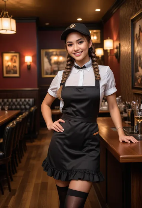 (medium full shot) of (angelic waitress) young woman, thai, straight hair, brown eyes, light brown skin, light skin, hazel eyes, voluptuous build, long dark french braid hair, wearing Stylish black dress with a ruffled neckline, black stockings, black heels, casual baseball cap, wearing a waist apron with pockets, set in  VIP Lounge, Luxurious area with velvet-lined walls, leather couches, a private bartender, exclusive artwork displayed on the walls, a fireplace flickering in the corner, discreet lighting enhancing the ambiance , smiling at the viewer, Masterpiece,best quality, photorealistic, amazing quality, very aesthetic, extremely detailed face,