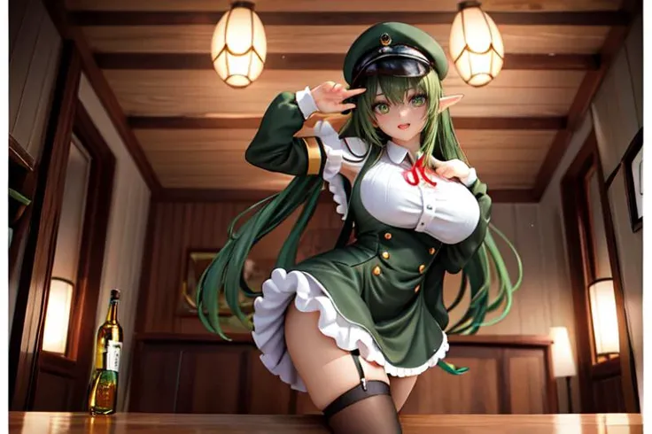 highly insanely detailed, masterpiece, top quality, best quality, highres, 4k, 8k, RAW photo, (very aesthetic, beautiful and aesthetic), 1girl, solo,
Tower13_Gizelle,
a beautiful elvish girl,
(angelic waitress) young woman, brazilian, tan skin, olive green eyes, full-figured build, extra long hazel half-up half-down hair, wearing Vintage-inspired uniform with a mustard yellow dress, white apron, knee-high stockings, black heels, casual baseball cap, wearing a name tag,carrying a bottle opener, set in Booth Section, Intimate area with dim lighting, red leather booths lining the walls, classic jukebox in the corner, checkered tablecloths, framed black-and-white photos of old-time celebrities , at sunset,
dark_skin, tan_skin, tanned skin, dark skin, dark-skinned, black-skinned, bronze skin,
(olive green hair,light green hair,split-color hair,dual-toned hair,two-tone hair,multi_color_hair,multicolored hair,multi colored hair)âââ