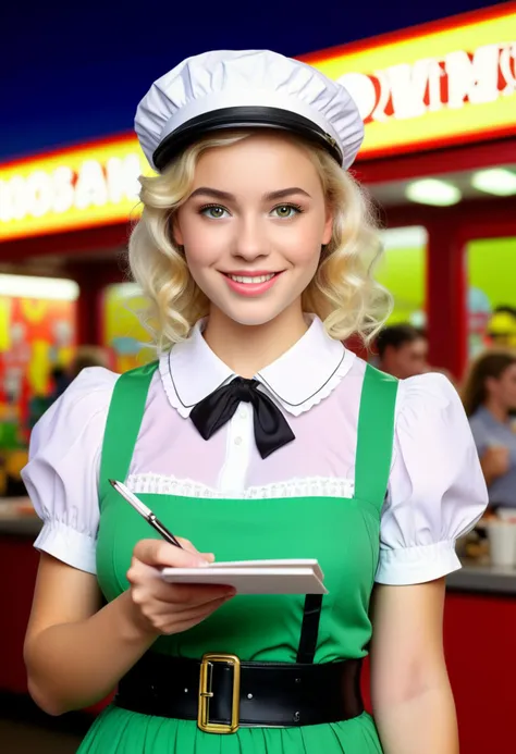 (medium full shot) of (angelic young woman:1.1) waitress, french with curly blonde hair, bright green eyes, light skin, petite,             wearing Floral print dress with a belted waist, sheer stockings, white flats, classic white waiter cap, holding a pen and order pad, smiling at the viewer, making an ok sign with her hand,  .set in  Games Area, Exciting section with carnival-style attractions such as ring toss and strongman competitions, colorful booths offering games of skill and chance, the cheers of winners and groans of losers filling the air, the tantalizing scent of freshly popped popcorn, the sight of prizes dangling enticingly from the booths , ,Masterpiece,best quality, photorealistic, amazing quality, very aesthetic, extremely detailed face,