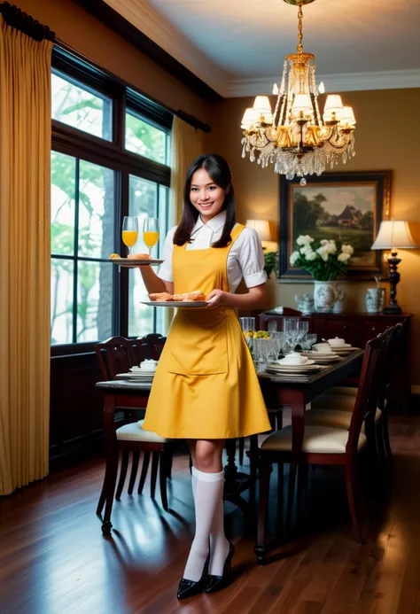 (medium full shot) of (gorgeous young woman:1.1) waitress, thai with dark, straight hair, brown eyes, light brown skin, petite,             wearing Vintage-inspired uniform with a mustard yellow dress, white apron, knee-high stockings, black heels, elegant hair comb, carrying a tray of drinks and food, laughing, jumping in the air,  .set in  Dining Room, Elegant space with a mahogany dining table set for six, upholstered dining chairs, a crystal chandelier hanging from the ceiling, a sideboard displaying fine china, a large window with flowing curtains , at sunset, ,Masterpiece,best quality, photorealistic, amazing quality, very aesthetic, extremely detailed face,