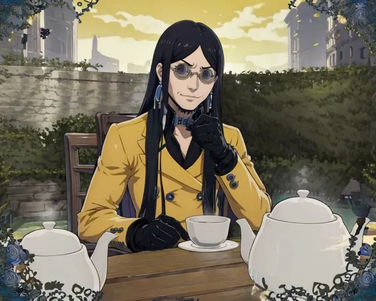 masterpiece, best quality, solo, smirk, 1boy, looking at viewer, <lora:Baofu_Fp:1>, baofup2, jacket, glasses, gloves, <lora:Teatime-concept_Fp:0.8>, cup, table, food, teapot, outdoors, sitting
