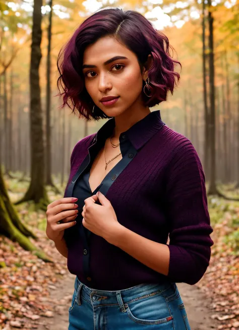 portrait of skswoman, thoughtful , wearing pants , with burgundy Bob , background mushroom forest epic (photo, studio lighting, hard light, sony a7, 50 mm, matte skin, pores, colors, hyperdetailed, hyperrealistic), <lyco:Amala PaulV2:1.0>