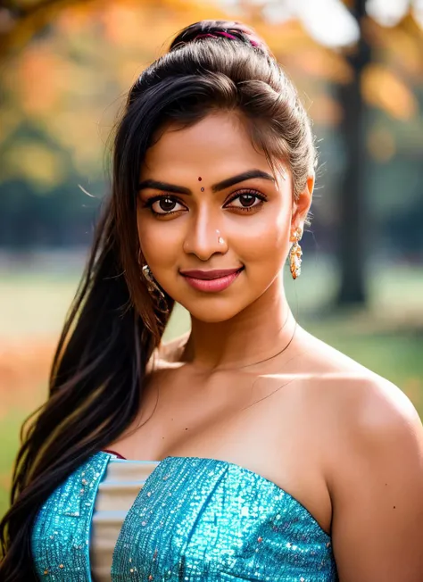 closeup portrait of skswoman, smile , wearing prom dress , with dirty blonde Ponytail , background autumn epic (photo, studio lighting, hard light, sony a7, 50 mm, matte skin, pores, colors, hyperdetailed, hyperrealistic), <lyco:Amala Paul:1.2>