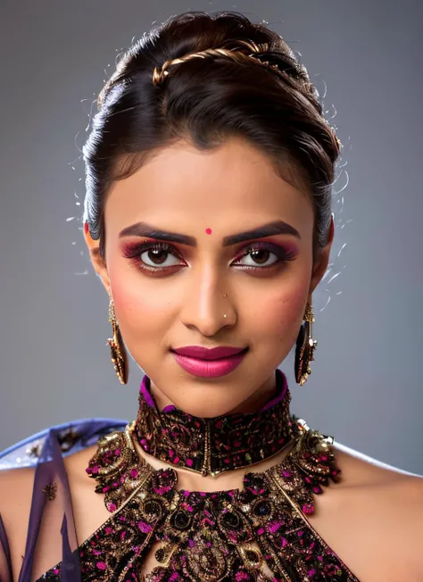 portrait of skswoman, confused , wearing prom dress , with ash brown Updo , background winter epic (photo, studio lighting, hard light, sony a7, 50 mm, matte skin, pores, colors, hyperdetailed, hyperrealistic), <lyco:Amala PaulV2:1.0>