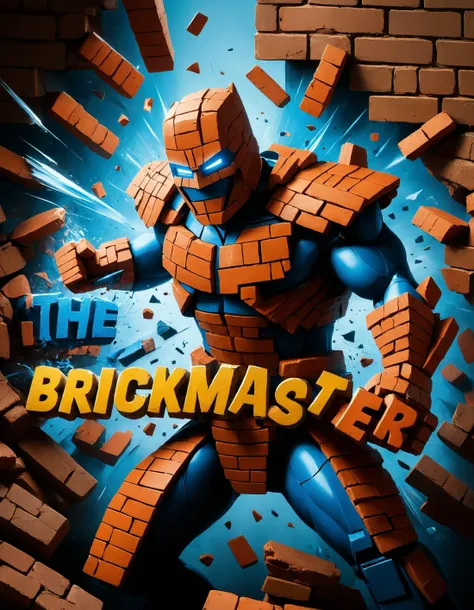 Graffiti Art Style, a ral-brks super villain smashing through a wall, text "The Brickmaster" flaying apart, ral-vlntxplzn, dynamic, dramatic, vibrant colors, coherent, symmetry, colorful, detailed, atmosphere, glowing, vivid color, intricate, elegant, highly saturated colors, epic, stunning, full light, sharp focus, inspired, transparent background, cinematic, new, shiny