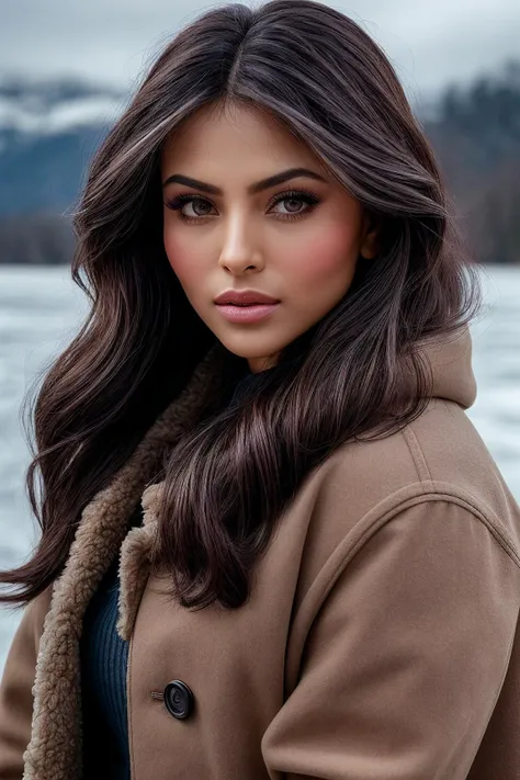perfect cinematic shoot of a beautiful woman (EPUrv4sh1R4ut3l4:.99), a woman standing at a (interesting frozen lakeside), perfect top knot , wearing sexy (Chocolate Brown  coat :1.2), (people in background:1.1), (detailed background:1.1), (face focus), modelshoot style, (extremely detailed CG unity 8k wallpaper), professional majestic (photography by Cristina De Middel:1.1), 24mm, exposure blend, hdr, extremely intricate, High (Detail:1.1), dramatic, soft cinematic light, (looking at viewer), (detailed atmosphere), 8k, highly detailed, rich environment, 4k textures, soft cinematic light, elegant, ((((cinematic look)))), soothing tones, insane details, hyperdetailed,  ("Dreams into reality with SDKoh!":1.1), (epiCPhoto)