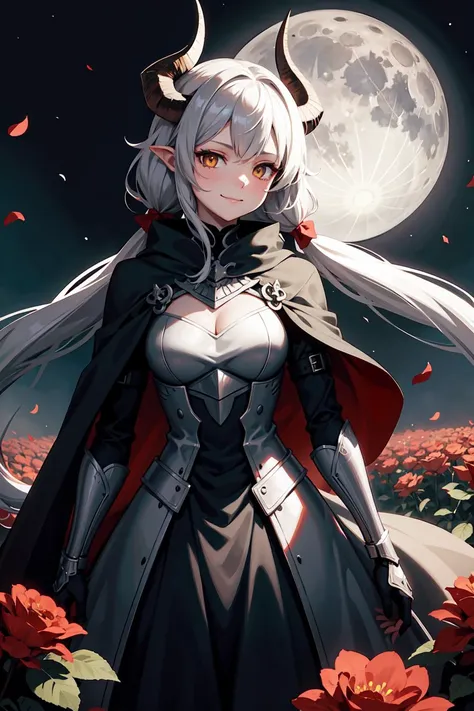 masterpiece:1.2, best quality, 1guy, 1girl, one woman standing in front of a man, dense field of roses, night time, full moon, moon beam, portrait BREAK , BlackKnight_fe, 1man, Armor, Cape, Helmet, sword, front view, hand on woman's head, looking at viewer, facing viewer, <lora:BlackKnight_fe:0.8>, BREAK, <lora:cyclopsprincess_lastorigin_v1:0.9> twintails, grey hair, very long hair, yellow eyes, cycpridef, red dress, frills, horns, flower over eye, one eye covered, red flower, smirk, front view, looking at viewer, facing viewer