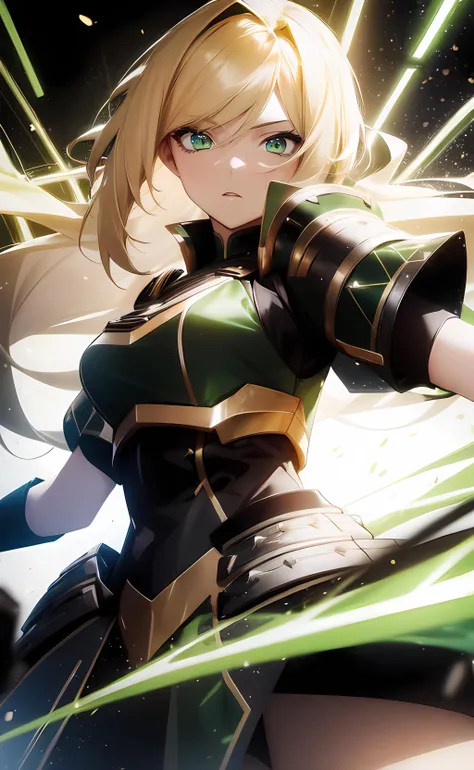 1girl, dynamic pose, long hair, blonde hair, green eyes, armored dress, (short sleeves, black gloves:1.3), light rays, light particles, abstract background