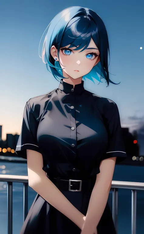 1girl, short hair, blue hair, blue eyes, black dress, short sleeves, night, night sky