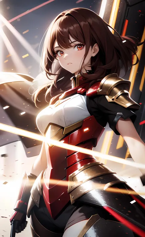 1girl, dynamic pose, medium hair, brown hair, red eyes, armored dress, short sleeves, light rays, light particles, abstract background