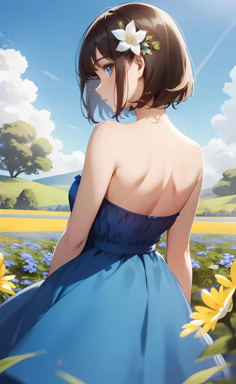 1girl, from behind, looking back, short hair, brown hair, blue eyes, light blue dress, strapless dress, bare shoulders, bare arms, bare back, nape, nature, flower field, blue sky, sunlight