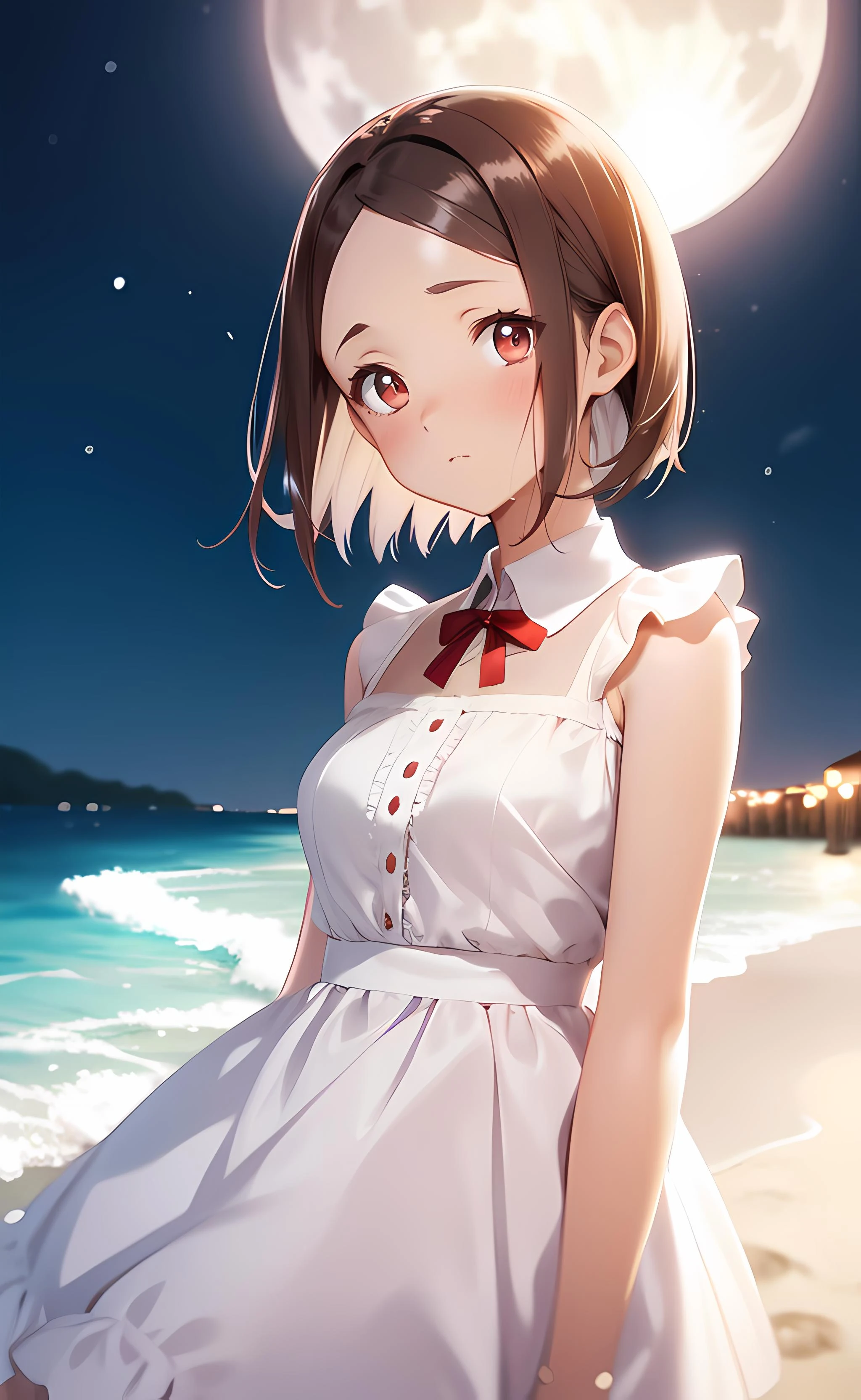 1girl, upper body, standing, short hair, brown hair, red eyes, forehead, white dress, frilled dress, collared dress, bare shoulders, bare arms, shy, blush, outdoors, beach, full moon, moonlight, night, night sky
