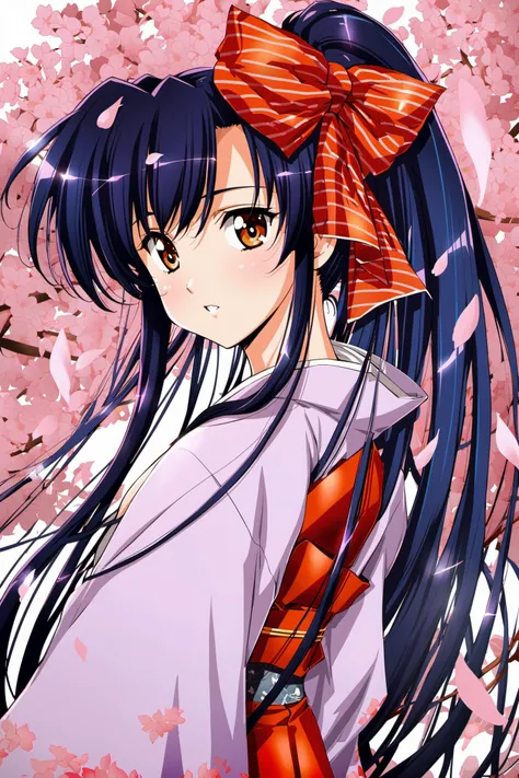 1girl,solo,bow,long hair,red bow,japanese clothes,kimono,ponytail,hair bow,brown eyes,blue hair,black hair,cherry blossoms,score_8_up,<lora:Urushihara Satoshi_XL_PONY:0.9>,