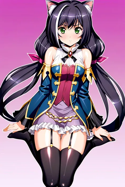 1girl, karyl \(princess connect!\), karyl, skirt, shirt, long sleeves, bare shoulders, very long hair, streaked hair, green eyes, detached sleeves, black thighhighs, low twintails, garter straps, cat ear, cat tail, b&w hair, <lora:Urushihara Satoshi_XL:0.75>