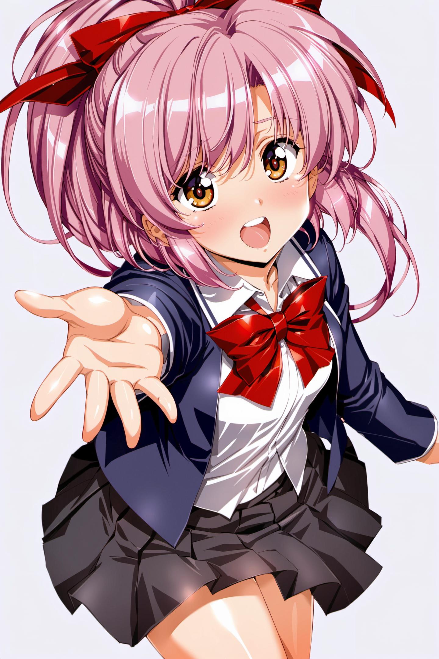 Anime girl with pink hair and a bow tie pointing at something - SeaArt AI