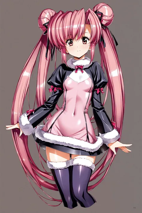 1girl,solo,pink hair,long hair,twintails,thighhighs,hair bun,double bun,covered navel,long sleeves,very long hair,ribbon,fur trim,hair ribbon,smile,<lora:Urushihara Satoshi_XL_V2:0.8>,