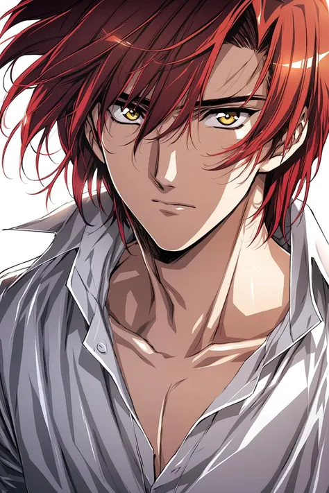 1boy,male focus,red hair,solo,white background,looking at viewer,yellow eyes,simple background,shirt,bangs,collarbone,closed mouth,white shirt,portrait,collared shirt,<lora:Urushihara Satoshi_XL_V2:0.8>,