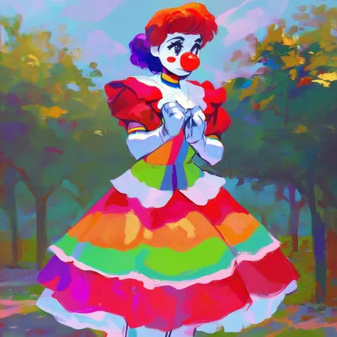 <lora:Urushihara Satoshi_XL:0.55> score_9, score_8_up, score_7_up, score_6_up, score_5_up, score_4_up, retro artstyle,Full Shot, illustration of, young girl wearing clown outfit, rainbow dress, white face paint, park in background