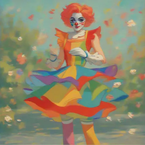 <lora:Urushihara Satoshi_XL:0.55> score_9, score_8_up, score_7_up, score_6_up, score_5_up, score_4_up, retro artstyle,Full Shot, illustration of, young girl wearing clown outfit, rainbow dress, white face paint, park in background