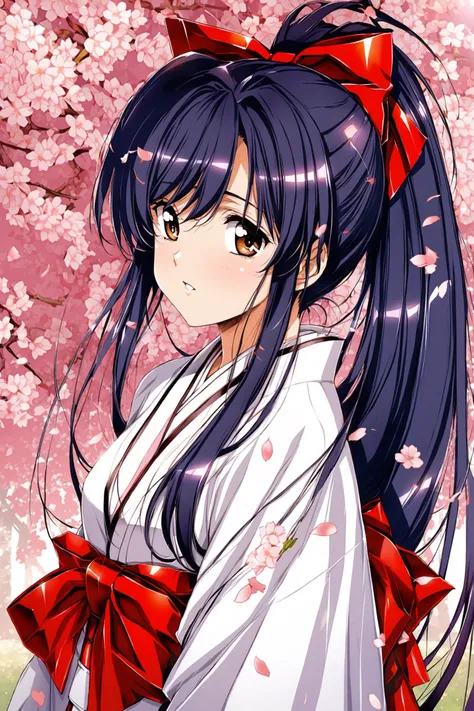 1girl,solo,bow,long hair,red bow,white japanese clothes,ponytail,hair bow,brown eyes,black hair,blue hair,cherry blossoms,<lora:Urushihara Satoshi_XL_V2:0.8>,