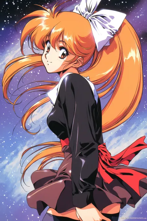 1girl,solo,thighhighs,long hair,orange hair,skirt,retro artstyle,bow,hair bow,long sleeves,1990s (style),ponytail,looking at viewer,smile,upper body,Old Version,<lora:Urushihara Satoshi_XL_V2:0.8>,