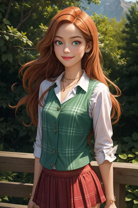 sam \(totally spies\), orange hair, long hair, green eyes,
blouse, plaid skirt, miniskirt, plaid vest, cross necklace, pink lips, makeup, earrings, innocent, cute, shy,
smile,closed mouth,cowboy shot,
forest,outdoor,
(insanely detailed, masterpiece, best quality) cinematic lighting,<lora:brj-sam-v1:1>, <lora:more_details:0.3>,