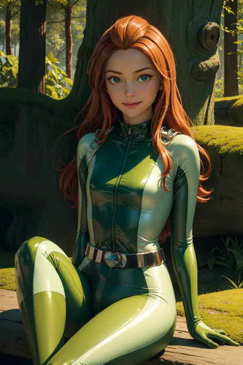 sam \(totally spies\), orange hair, long hair, green eyes,
green bodysuit, belt
smile,closed mouth,cowboy shot,sitting,
forest,outdoor,
(insanely detailed, masterpiece, best quality) cinematic lighting,<lora:brj-sam-v1:1>, <lora:more_details:0.3>,