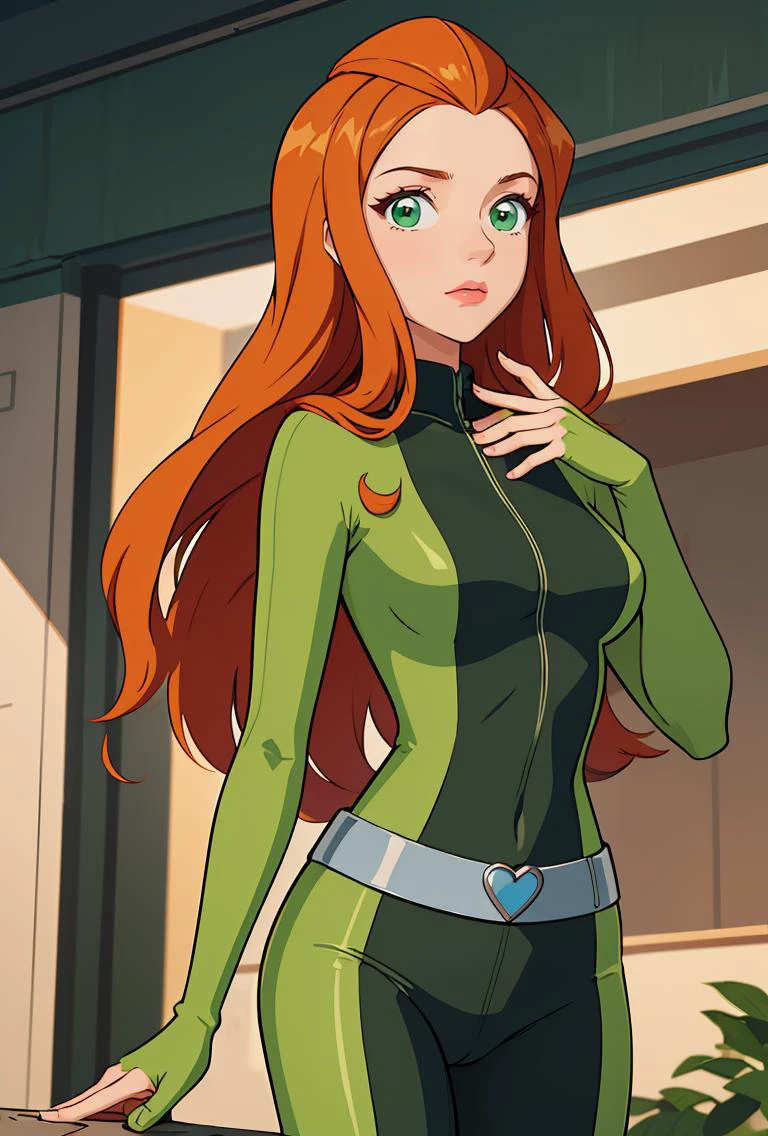 (masterpiece, best quality), 1girl, <lora:brj-sam-v2:0.8> sam \(totally spies\), orange hair, long hair, green eyes, , green bodysuit, belt