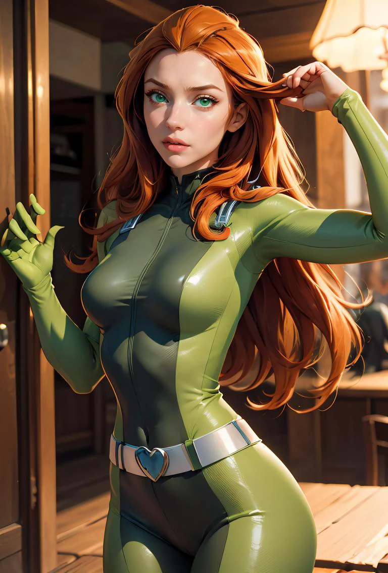 (masterpiece, best quality), 1girl, <lora:brj-sam-v2:0.8> sam \(totally spies\), orange hair, long hair, green eyes, , green bodysuit, belt
