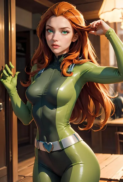 (masterpiece, best quality), 1girl,   <lora:brj-sam-v2:0.8> sam \(totally spies\), orange hair, long hair, green eyes, , green bodysuit, belt