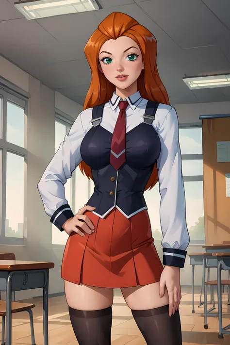 <lora:brj-sam-ponyXL-v0.5:1> sam \(totally spies\), orange hair, long hair, green eyes,
large breasts, solo, school classroom,
Hand on hip,,
<lora:bible_black_uniform_xl_v3:0.8> school uniform, white shirt, black vest, black thighhighs, red skirt, red necktie