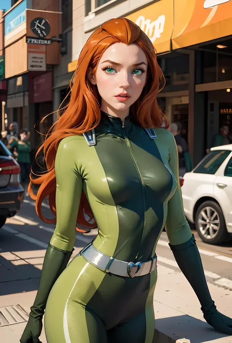 (masterpiece, best quality), 1girl, <lora:brj-sam-v2:0.8> sam \(totally spies\), orange hair, long hair, green eyes, , green bodysuit, belt