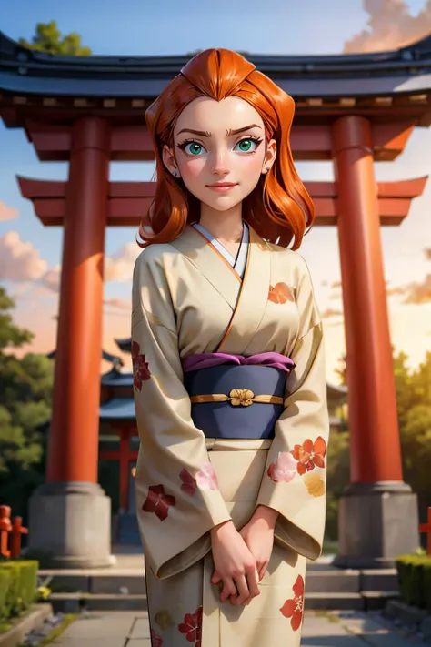 sam, totally spies, long orange hair, green eyes, traditional kimono, sash, long sleeves, looking at viewer, serious, smiling, standing, gazebo, red torii, shrine, outside, dusk, sunset, high quality, masterpiece <lora:brj-sam-v2:.8>