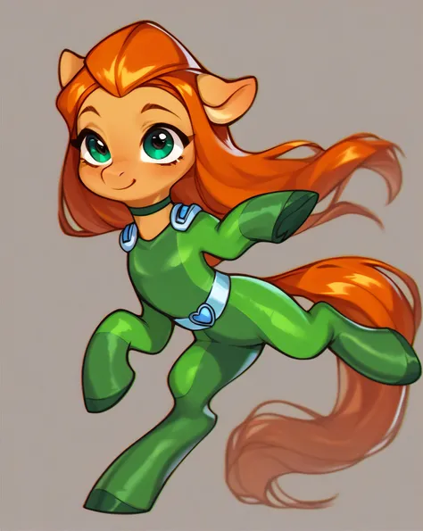 score_9,score_8_up,score_7_up,score_6_up,score_5_up,score_4_up,rating_questionable,sam \(totally spies\) as a anthro unguligrade pony,pony,feral,orange hair,long hair,choker,green bodysuit,belt,skin tight,green gloves,alluring pose,cute face,fluffy ears,<lora:brj-sam-ponyXL-v0.5:1>,