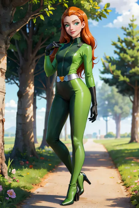 sam, totally spies, long orange hair, green eyes, green bodysuit, belt, gloves, heels, looking at viewer, smiling, full body shot, standing, outside, field, flowers, trees, sunny, high quality, masterpiece <lora:brj-sam-v2:.8>