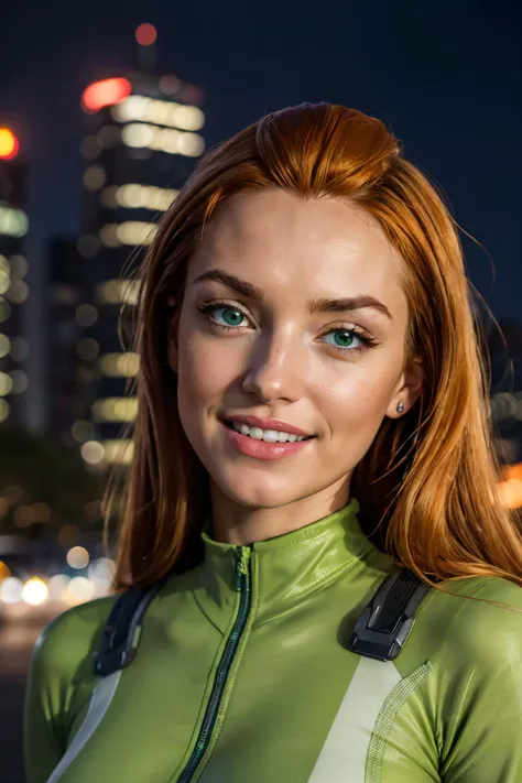 sam, totally spies, long orange hair, green eyes, green bodysuit, looking at viewer,smiling, close up, outside, cityscape, night time, bokeh, high quality, masterpiece <lora:brj-sam-v2:.8>