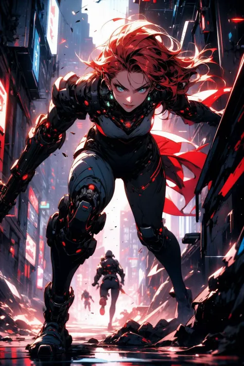 (masterpiece:1.4), (intricate:1.2), (detailed:1.2), (vibrant colors:1.2), BREAK,
(science fiction:1.2), (cyberpunk:1.2), (dynamic:1.2), (full body:1.0), (from below:1.0), (red and black:1.2), (glowing:1.2), BREAK,
(female:1.5), (cybersamurai:1.2), (solo:1.5), <lora:cybersamuraiV2E12:0.8> , (cyborg:1.0), (mechanical body:1.2), (long hair:1.2), (rushing forward:1.3), (bent forward:1.2), (running:1.2), (speed:1.0), (holding weapon:1.0), BREAK,
(futuristic city:1.0), (battlefield:1.2), (debris:1.1), (rubble:1.1), (laser rays:1.0)