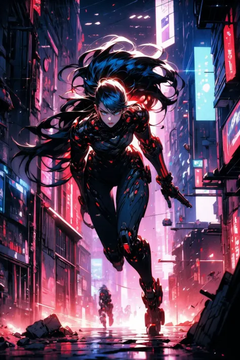 (masterpiece:1.4), (intricate:1.2), (detailed:1.2), (vibrant colors:1.2), BREAK,
(science fiction:1.2), (cyberpunk:1.2), (dynamic:1.2), (full body:1.0), (from below:1.0), (red and black:1.2), (glowing:1.2), BREAK,
(female:1.5), (cybersamurai:1.2), (solo:1.5), <lora:cybersamuraiV2E12:0.8> , (cyborg:1.0), (mechanical body:1.2), (long hair:1.2), (rushing forward:1.3), (bent forward:1.2), (running:1.2), (speed:1.0), BREAK,
(futuristic city:1.0), (battlefield:1.2), (debris:1.1), (rubble:1.1), (laser rays:1.0)