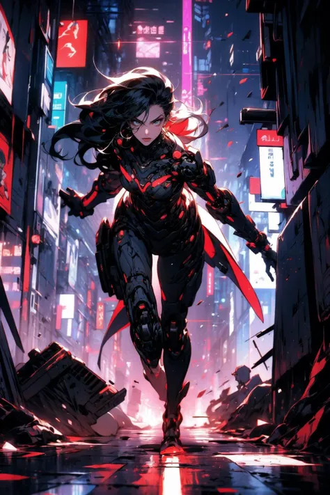 (masterpiece:1.4), (intricate:1.2), (detailed:1.2), (vibrant colors:1.2), BREAK,
(science fiction:1.2), (cyberpunk:1.2), (dynamic:1.2), (full body:1.0), (from below:1.0), (red and black:1.2), (glowing:1.2), BREAK,
(female:1.5), (cybersamurai:1.2), (solo:1.5), <lora:cybersamuraiV2E12:0.8> , (cyborg:1.0), (mechanical body:1.2), (long hair:1.2), (rushing forward:1.3), (bent forward:1.2), (running:1.2), (speed:1.0), BREAK,
(futuristic city:1.0), (battlefield:1.2), (debris:1.1), (rubble:1.1), (laser rays:1.0)